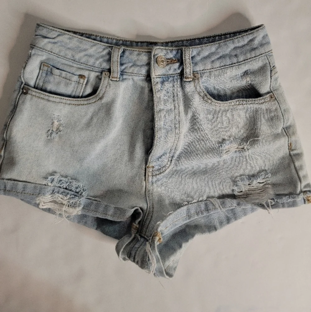 Brandy Melville Sz 26 Denim Shorts Distressed High Rise Button Fly